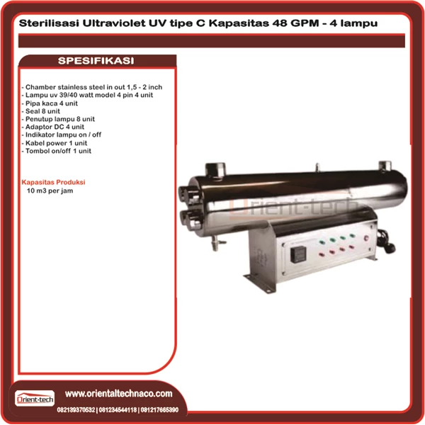 mesin sterilisasi minuman ultraviolet UV tipe C kapasitas 48 gpm 4 lampu 