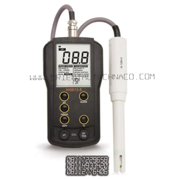HANNA HI 9813 5 alat ukur kadar air pH EC TDS Temperature meter portable